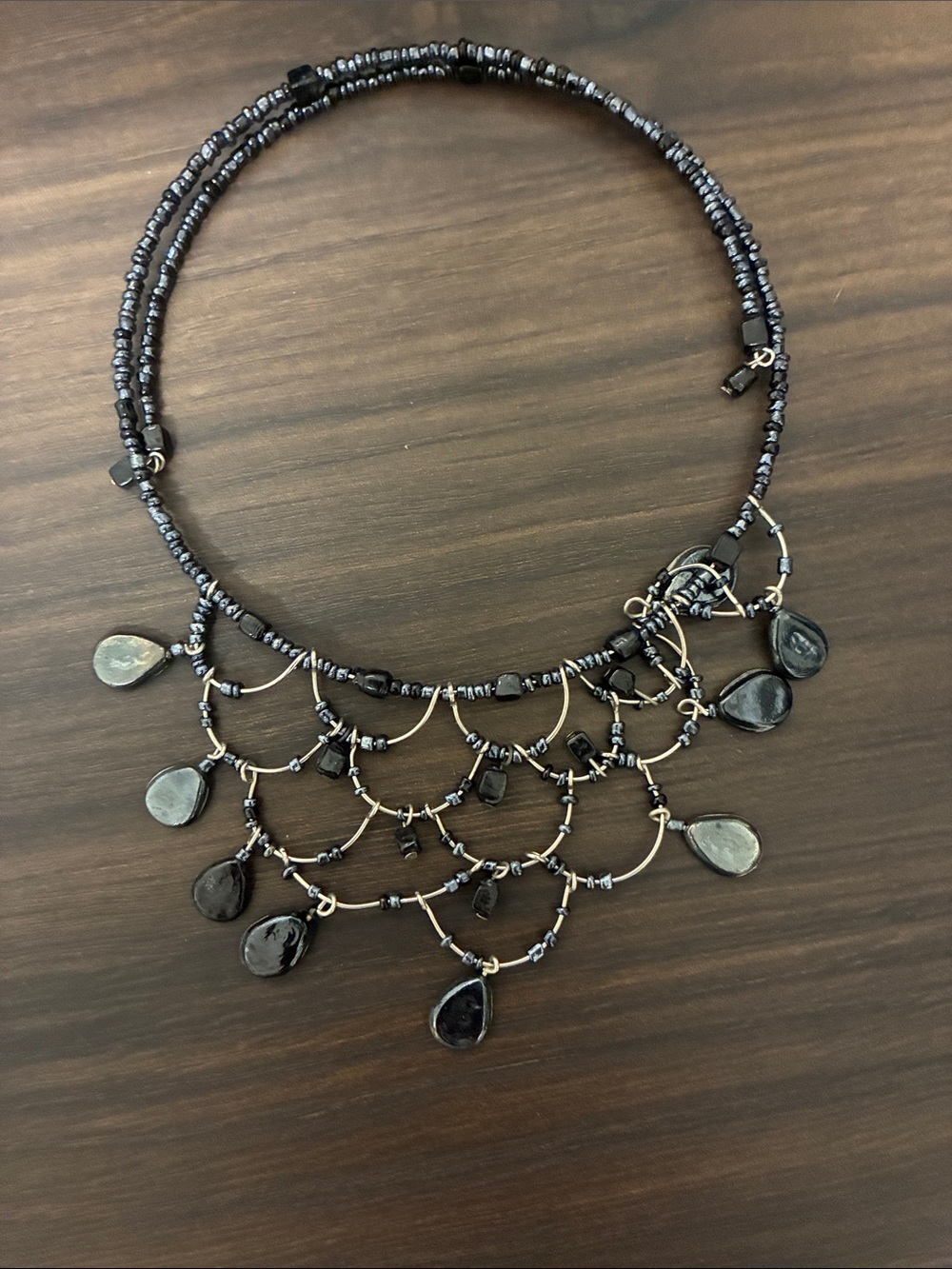 Black Beaded Teardrop Statement Necklace
